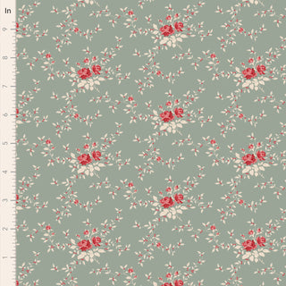 Tilda Merry Little Christmas 110141 Blender Noel Duckegg Fabric by Fabric by Tilda features a repeating floral pattern of red and pink flowers with green leaves on a muted green background, shown with an inch ruler for scale. Inspired by vintage design.