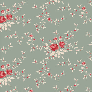 Tilda Merry Little Christmas 110141 Blender Noel Duckegg Fabric by Tilda features a floral pattern with red and cream roses and leafy branches on a muted green background, perfect for decorative projects.