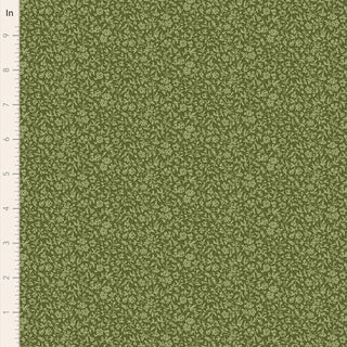 The Tilda Merry Little Christmas 110144 Blender Eve Pine Fabric by Tilda features a green vintage floral and leaf print, shown with an inch ruler for scale—ideal for adding charm to your Tilda Fabrics or Merry Little Christmas projects.