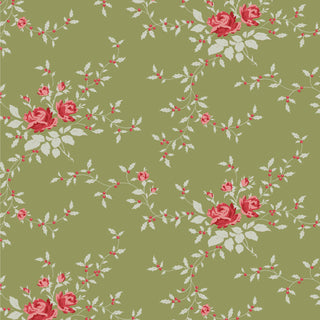 Tilda Merry Little Christmas 110145 Blender Noel Moss by Fabric by Tilda features red roses with green and white leaves on a light olive green background in a vintage-style repeating floral pattern.