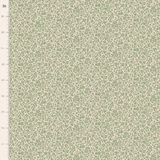 Tilda Merry Little Christmas 110146 Blender Eve Sage Fabric by Tilda features a beige background with a dense, small green floral pattern and a vertical inch ruler on the left. Ideal for adding vintage holiday charm to your projects.