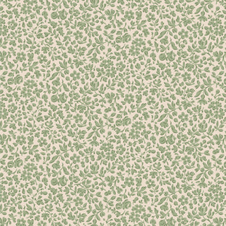 Inspired by vintage Christmas designs, the Tilda Merry Little Christmas 110146 Blender Eve Sage Fabric by Fabric by Tilda features small green floral and leaf motifs on light beige—ideal for fans of charming, seamless patterns.