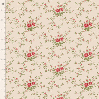 The Tilda Merry Little Christmas 110147 Blender Noel Cream Fabric by Fabric by Tilda features clusters of red and pink roses with green leaves on a beige background, with a ruler along the left edge for scale.