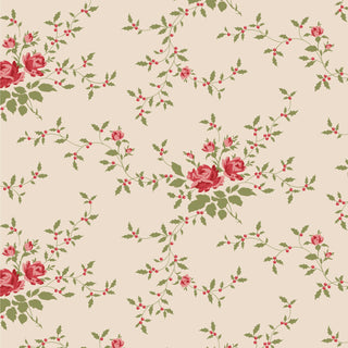 Seamless pattern on Tilda Merry Little Christmas 110147 Blender Noel Cream Fabric by Fabric by Tilda, featuring red and pink roses, green leaves, and small branches inspired by vintage designs on a beige background.