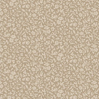 Tilda Merry Little Christmas 110148 Blender Eve Clay Fabric by Tilda features a seamless beige background with a dense cream floral and leaf pattern, evoking vintage botanical designs.