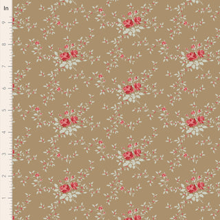 The Tilda Merry Little Christmas 110149 Blender Noel Taupe Fabric by Tilda features tan fabric with small red and pink roses and green leaves—ideal for vintage Christmas projects. Shown with a ruler for scale on the left.