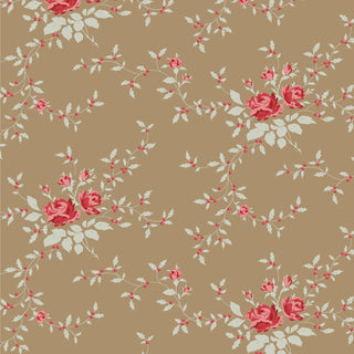 Tilda Merry Little Christmas 110149 Blender Noel Taupe Fabric by Fabric by Tilda features a seamless floral pattern with red and pink roses, green leaves, and branches on taupe—ideal for charming vintage Christmas projects.