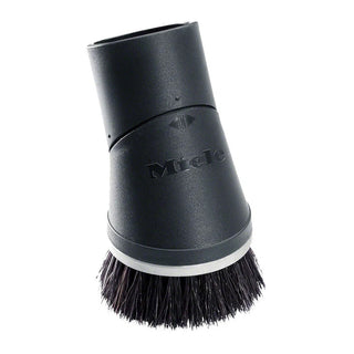The Miele SSP 10 Dusting Brush by 2-Miele is a black vacuum cleaner brush attachment featuring soft bristles and an angled design, making it a versatile accessory for your Miele vacuum. Shown isolated on a white background.
