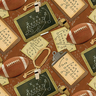 1683677B 16836-77 Grid Iron Leather/Multi Skyline Studio TOUCHDOWN cotton fabric featuring a pattern of footballs, whistles, and clipboards with sketched plays on a brown background.