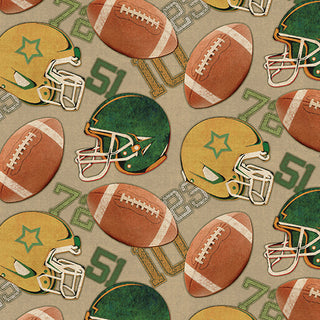 1683772B 16837-72 Football Season Tan/Multi Skyline Studio TOUCHDOWN fabric yardage featuring a repeating pattern of footballs, green and gold helmets with stars, and jersey numbers 51 and 72 on tan.