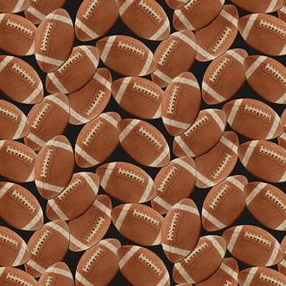 1683978B 16839-78 Footballs Leather/Black Skyline Studio TOUCHDOWN Fabric features a repeating pattern of brown footballs with white laces on a black cotton fabric background.