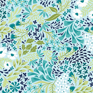 Delicate pattern featuring blue, green, and white stylized flowers and leafy motifs on a soft aqua background, inspired by the elegance of Regency-era English gardens. Ideal for premium quilting cotton or fabric by the yard projects. Product: Garden Dalliance by Shelley Cavanna 17300-24 PROMENADE AQUA Fabric Yardage Brand: 74-Benartex.