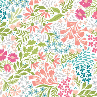 Garden Dalliance by Shelley Cavanna 17300-26 PROMENADE CORAL Fabric Yardage from 74-Benartex showcases a seamless pattern of colorful flowers and green leaves on a white background, with pink, blue, and coral hues in a dense decorative design—perfect for premium cotton projects reminiscent of classic English garden fabric.