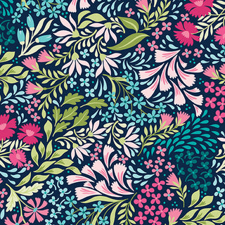 Garden Dalliance by Shelley Cavanna 17300-56 PROMENADE INDIGO Fabric Yardage from 74-Benartex features a colorful floral pattern with pink, blue, and green flowers and leaves set against a deep indigo background. This dense, decorative design draws inspiration from classic English gardens—ideal for quilting cotton or other premium fabric projects.