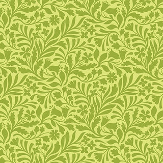 Garden Dalliance by Shelley Cavanna 17301-42 HEDGEROW GRASS Fabric Yardage from 74-Benartex features a seamless, repeating green floral pattern with an array of leaves and delicate flowers on a light green background, inspired by Regency-era English gardens—perfect for fabric by the yard or premium quilting cotton.
