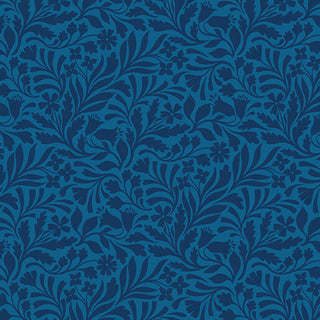 Garden Dalliance by Shelley Cavanna 17301-56 HEDGEROW INDIGO Fabric Yardage by 74-Benartex features a dark blue floral pattern with stylized flowers and leaves on a lighter blue background, arranged in a seamless, repeating design reminiscent of Regency-era fabric—perfect for quilting cotton projects inspired by an English garden.