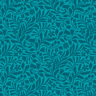 Garden Dalliance by Shelley Cavanna 17301-84 HEDGEROW TEAL Fabric Yardage by 74-Benartex showcases a teal and dark blue seamless floral pattern with stylized leaves and intricately detailed flowers, arranged in a repeating Regency-era English garden design—ideal for premium quilting cotton or fabric by the yard.