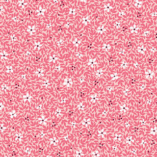 Garden Dalliance by Shelley Cavanna 17303-26 WISTERIA CORAL from 74-Benartex features a pink floral pattern with small white flowers and pink leaves evenly distributed across the surface, perfect for premium quilting cotton projects. This English garden-inspired fabric is available by the yard, making it ideal for all your creative sewing needs.