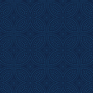 Garden Dalliance by Shelley Cavanna 17305-56 PRESSED PETALS INDIGO Fabric Yardage by 74-Benartex showcases a dark blue pattern with overlapping floral shapes and dotted lines in a symmetrical, repeating design—evoking the elegance of Regency-era English gardens. Ideal for fabric by the yard or premium quilting cotton projects.