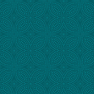 Garden Dalliance by Shelley Cavanna 17305-84 PRESSED PETALS TEAL features intersecting petal shapes and dotted lines in a teal geometric pattern, forming symmetrical floral and star motifs inspired by Regency-era English gardens, printed on premium quilting cotton fabric by the yard from 74-Benartex.