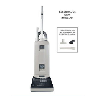 The Sew & Vac SEBO ESSENTIAL G4 upright vacuum cleaner, model #90406AM, is outstanding at removing pet hair. It is showcased with its on-board tools neatly arranged beside it for convenience.