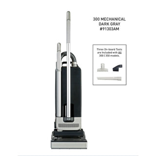 Experience the power of the SEBO 350 Mechanical by Sew & Vac, a commercial-grade vacuum cleaner in sleek dark gray. Equipped with on-board tools, including a flat nozzle and brush attachment, it excels in pet hair removal.