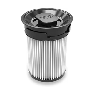 A cylindrical Miele HX-FSF Fine Dust Filter for Triflex, featuring vertical pleats and a black plastic top, shown against a plain white background—an essential fine dust filter accessory by 2-Miele for compatible vacuum models.