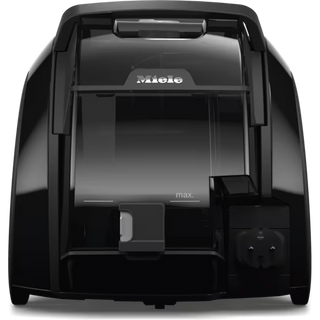The 2-Miele Boost CX1 Cat & Dog bagless vacuum cleaner is shown from the back, highlighting the power cord storage area, maximum fill line, and part of the dust compartment—all designed for efficient pet hair removal.