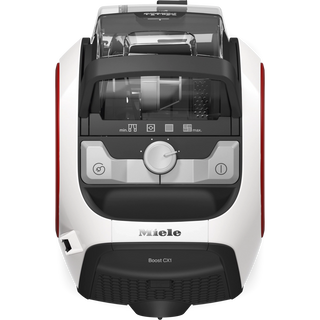 Top view of a 2-Miele Boost CX1 Pure Suction bagless canister vacuum cleaner highlighting its control dial, multiple symbols, and prominent branding on a sleek white and black body with red accents. Equipped with innovative Vortex technology and an AirClean filter for outstanding cleaning performance.