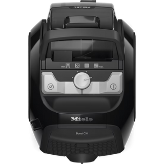 The 2-Miele Boost CX1 Cat & Dog bagless vacuum cleaner, seen from above, features a control panel with a dial and buttons, the 2-Miele logo, and the model name—engineered for powerful pet hair removal.