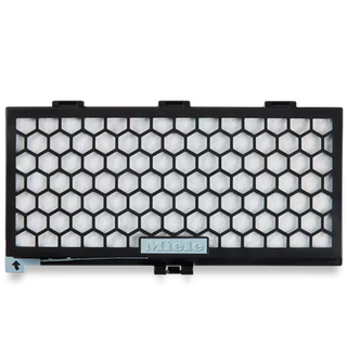 Here’s a revised sentence using your product data: The 2-Miele SF-AA 30-1 Active AirClean Filter - No TimeStrip is a rectangular vacuum accessory with a black plastic hexagonal grid and white mesh visible behind it.