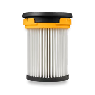 A cylindrical pleated air filter cartridge with black end caps and a yellow band near the top, displayed against a plain white background. The Miele HX-FSF-2 Fine Dust Filter by 2-Miele is an essential accessory compatible with the HX-FSF-2 vacuum model.