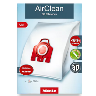 Box of Miele AirClean FJM FilterBags - 4 Count, featuring the distinctive red AirClean FJM FilterBags, original 2-Miele branding, a 99.9% filtration claim, and the signature 3D icon on a white and blue background—a genuine vacuum accessory (Miele 10123220).