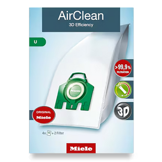 Box of Miele AirClean U FilterBags - 4 Count from Miele, featuring an image of the filterbags, allergen filter icons, and prominent “Original Miele” branding on the packaging.