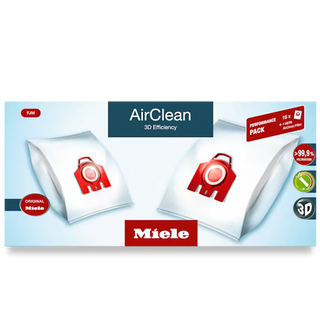 2-Miele AirClean Performance Pack FJM - 16 Bags with HA50 package, featuring two vacuum bags with red plastic fittings and product branding—a must-have accessory for Miele vacuums.