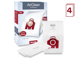 The Miele AirClean FJM FilterBags - 4 Count by 2-Miele are shown with a box, a red and white vacuum bag, and two white filters, with a red number 4 in the corner—making this package an essential accessory for your Miele vacuum.