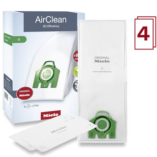 Box of Miele AirClean U FilterBags - 4 Count by Miele, featuring four vacuum bags labeled “U” and an extra allergen filter on a white background, with a prominent red number 4 in the corner. Ideal for use with Miele AirClean U FilterBags systems.
