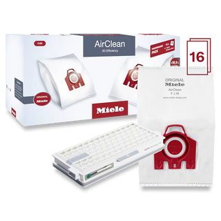 The 2-Miele AirClean Performance Pack FJM includes 16 Miele AirClean vacuum bags with HA50, shown with a single bag and compatibility chart—an essential Miele vacuum accessory for optimal cleaning performance.