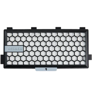 Official 2-Miele SF-AA 50-1 Active AirClean Filter - No TimeStrip vacuum filter featuring a rectangular honeycomb pattern, black frame, white filter material, and a gray “Miele” label on the left side. This authentic Miele accessory includes a downward-pointing arrow at the bottom center.