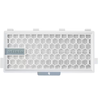 White rectangular 2-Miele SF-HA 50-1 HEPA AirClean Filter with a honeycomb pattern, brand name visible on the left side, and a gray arrow tab at the bottom center—an essential vacuum accessory compatible with Miele SF-HA 50-1 models (No TimeStrip).
