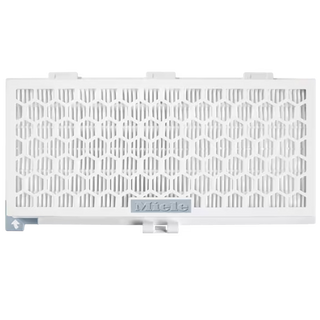 White rectangular 2-Miele SF-HA 30-1 HEPA AirClean Filter with a honeycomb grid pattern and a bottom latch, viewed from the front against a plain background. This genuine Miele vacuum accessory is designed for optimal air filtration in your home, ensuring cleaner indoor air. Note: This model does not include the TimeStrip feature.