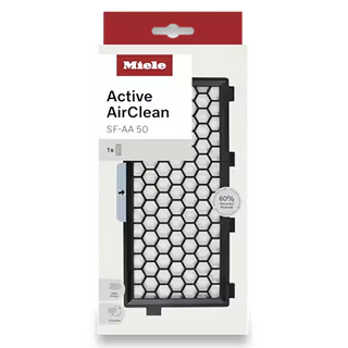 A 2-Miele SF-AA 50-1 Active AirClean Filter accessory for vacuum cleaners, packaged in retail packaging with a hexagonal grid design and product information displayed on the box; this version does not include a TimeStrip.