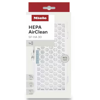 Miele SF-HA 30-1 HEPA AirClean Filter - No TimeStrip packaging by 2-Miele, showcasing the product branding, a white filter image, and icons highlighting its filtration effectiveness and compatibility as a premium Miele vacuum accessory.