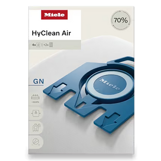 Box of 2-Miele HyClean GN FilterBags - 4 Count, featuring blue and white packaging with a “4x + 2x” indicator for bags and filters, as well as a “70%” circular label in the top right corner. These are essential Miele vacuum accessories designed for optimal filtration and performance.