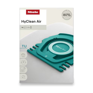 Box of 2-Miele TU HyClean FilterBags - 4 Count, featuring a teal bag image on the packaging and an 80% efficiency label at the top right. These genuine Miele vacuum accessories (model number 12774420) are designed for optimal performance.