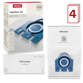 The 2-Miele HyClean GN FilterBags - 4 Count (Miele 12618920) genuine accessory pack includes four vacuum bags and one AirClean filter, suitable for S241–S299 models. The box and a single bag are shown.