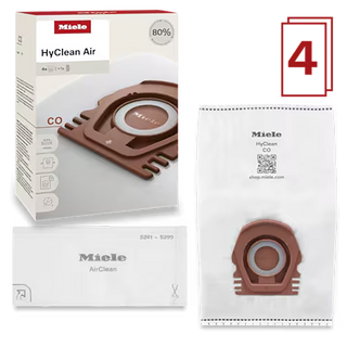 Box and four Miele CO HyClean FilterBags, shown with a red “4” icon to indicate the quantity included. These genuine Miele vacuum accessories are part number 12774460 from the brand 2-Miele.