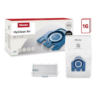 The 2-Miele HyClean Performance Pack GN includes 16 blue vacuum bags with HEPA filtration (HA50) and a filter insert, as shown on the packaging.