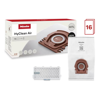 The Miele CO HyClean Performance Pack - 16 Count with HA50 by 2-Miele includes a box displaying a brown HA50 vacuum bag and a white filter in front, with a prominent red “16” icon on the right—making it an essential Miele vacuum accessory.
