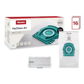 The 2-Miele TU HyClean Performance Pack - 16 Count with HA50 includes a box, teal vacuum bags, a white filter, and dust bags. As the ideal Miele vacuum accessory, this pack features the HA50 design and provides 16 advanced HEPA-filtration bags for optimal cleaning performance.